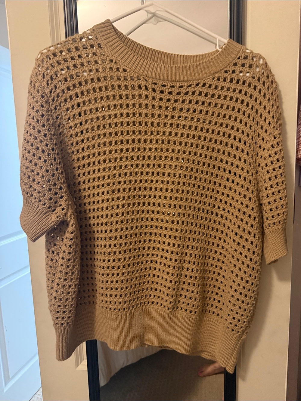 Ann Taylor Camel Open-Knit Short Sleeve Crewneck Sweater